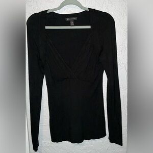 INC International Concepts Black Knit Long Sleeve V-Neck Surplice Top